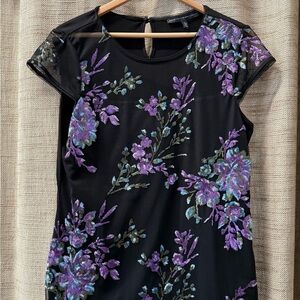 White House Black Market Floral Embroidered Sequined Black Top